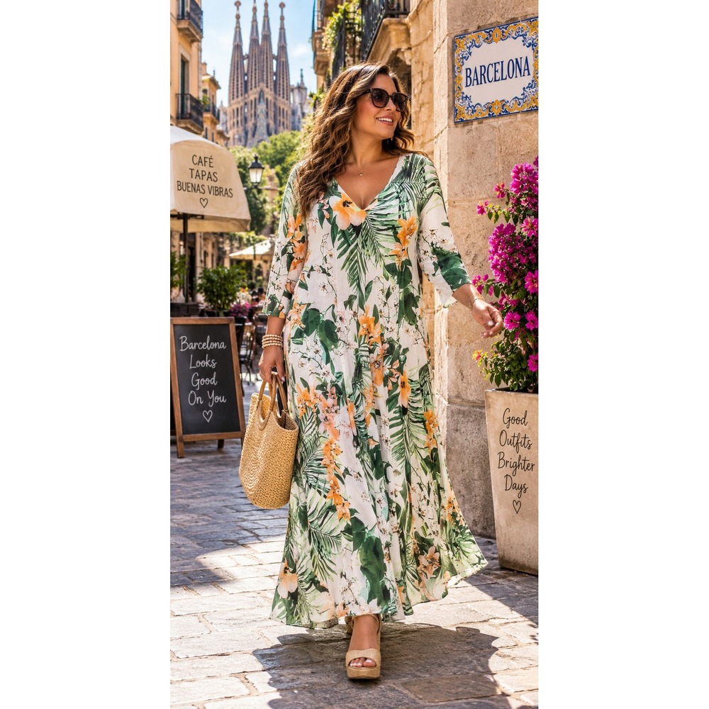 NT By Amor Made in Italy 100% Linen Tropical Floral Maxi Dress with Pockets L/XL